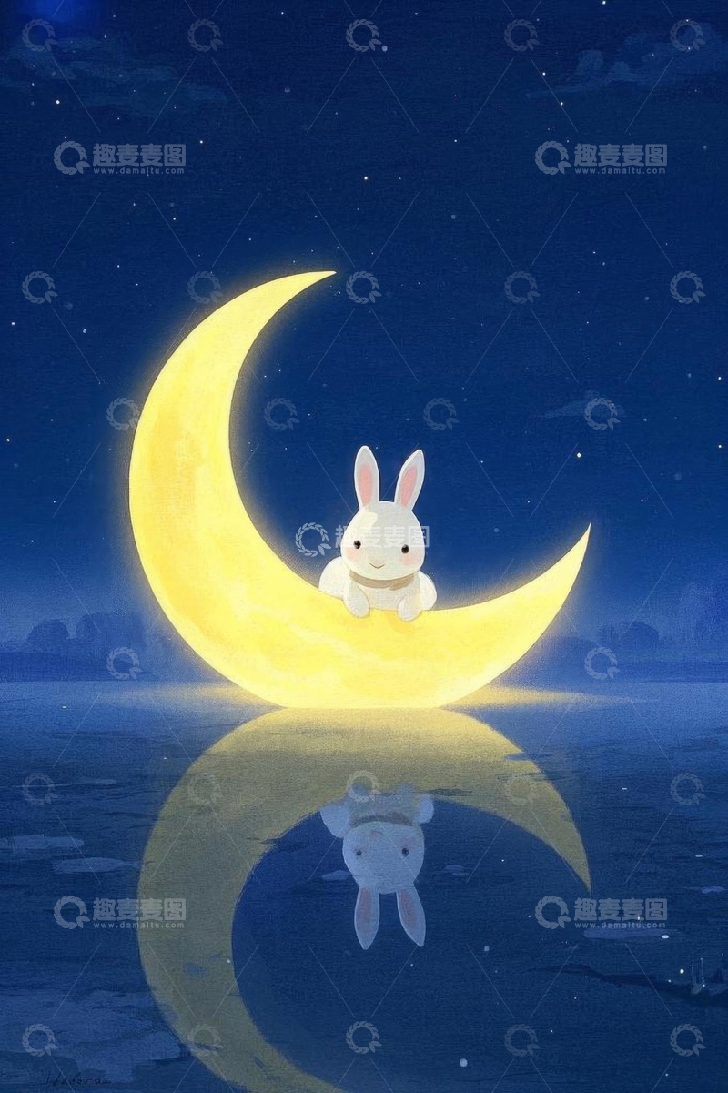 高清大图下载【趣麦麦图】月夜下白兔坐于月牙上