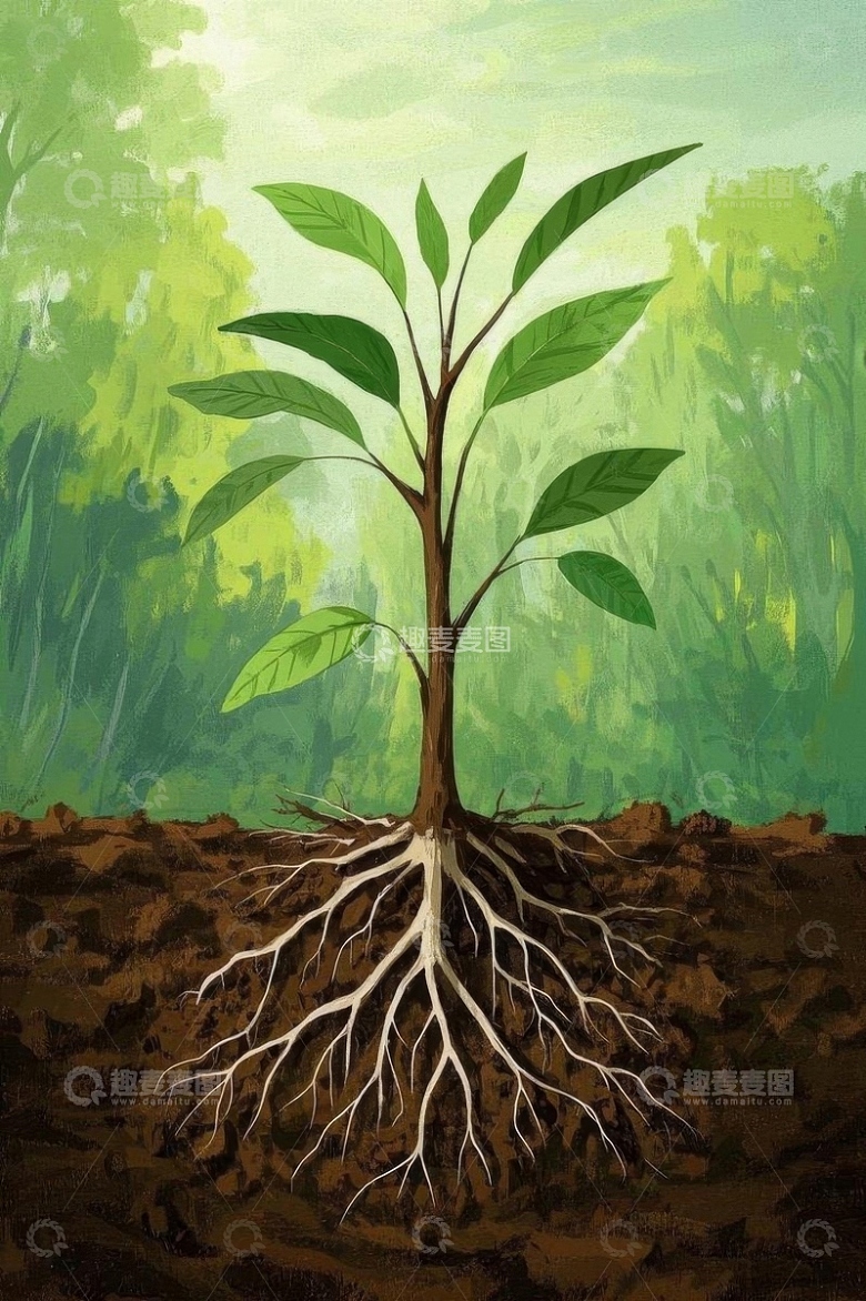 植物幼苗根系与绿叶画面