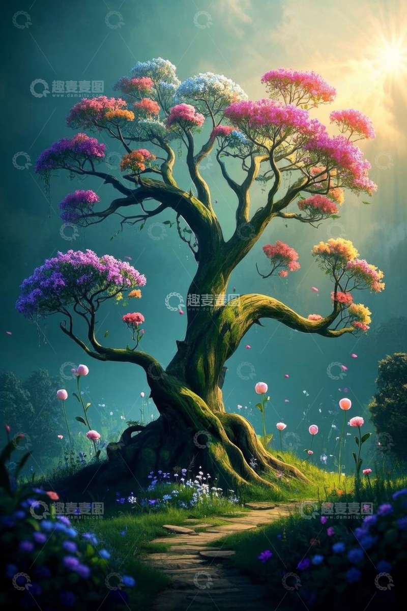 高清大图下载【趣麦麦图】奇幻森林中的多彩大树