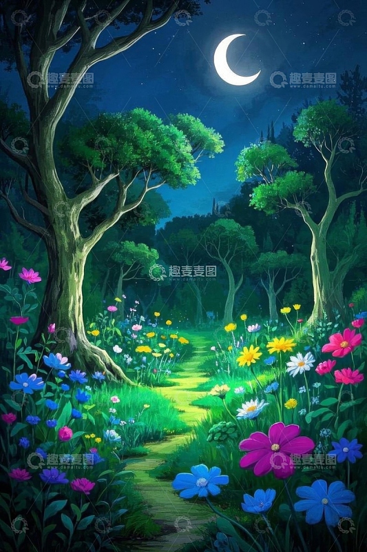 月夜下的森林花卉小径