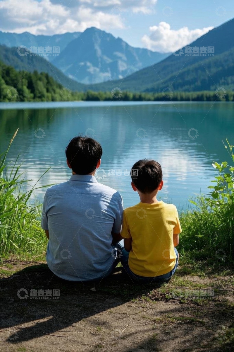 高清大图下载【趣麦麦图】父子湖畔共赏自然风光