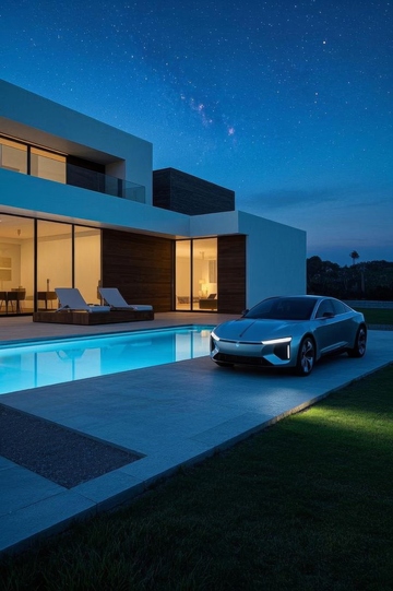 夜晚别墅泳池旁的汽车