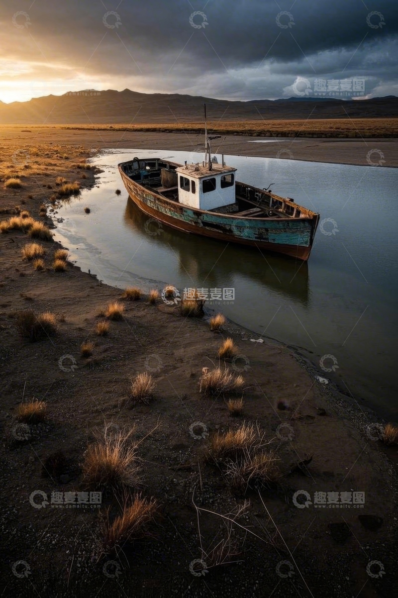 高清大图下载【趣麦麦图】夕阳下岸边停泊的老旧渔船