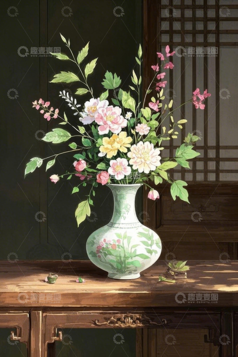 高清大图下载【趣麦麦图】中式花瓶插满多彩花卉