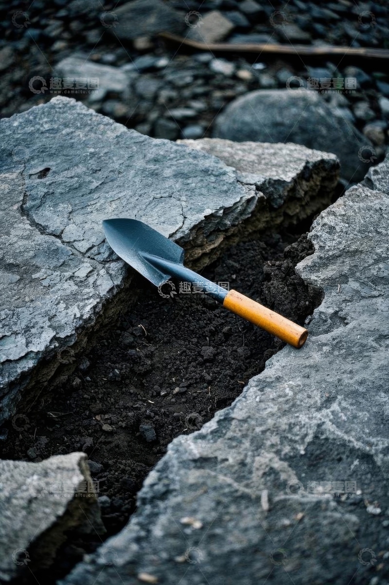 高清大图下载【趣麦麦图】岩石缝隙中的园艺小铲子