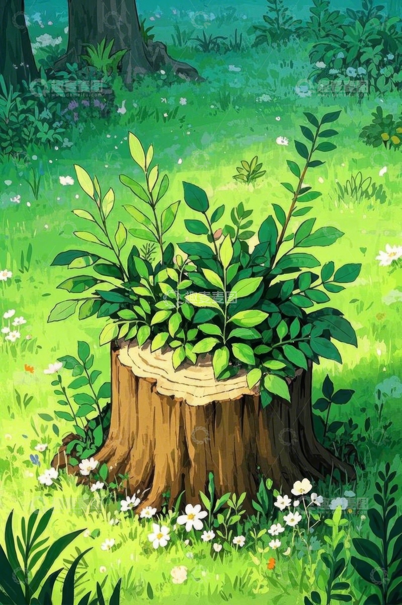 高清大图下载【趣麦麦图】-树桩长出绿植的森林场景