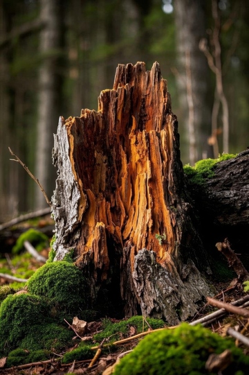 森林中枯树桩与苔藓景象