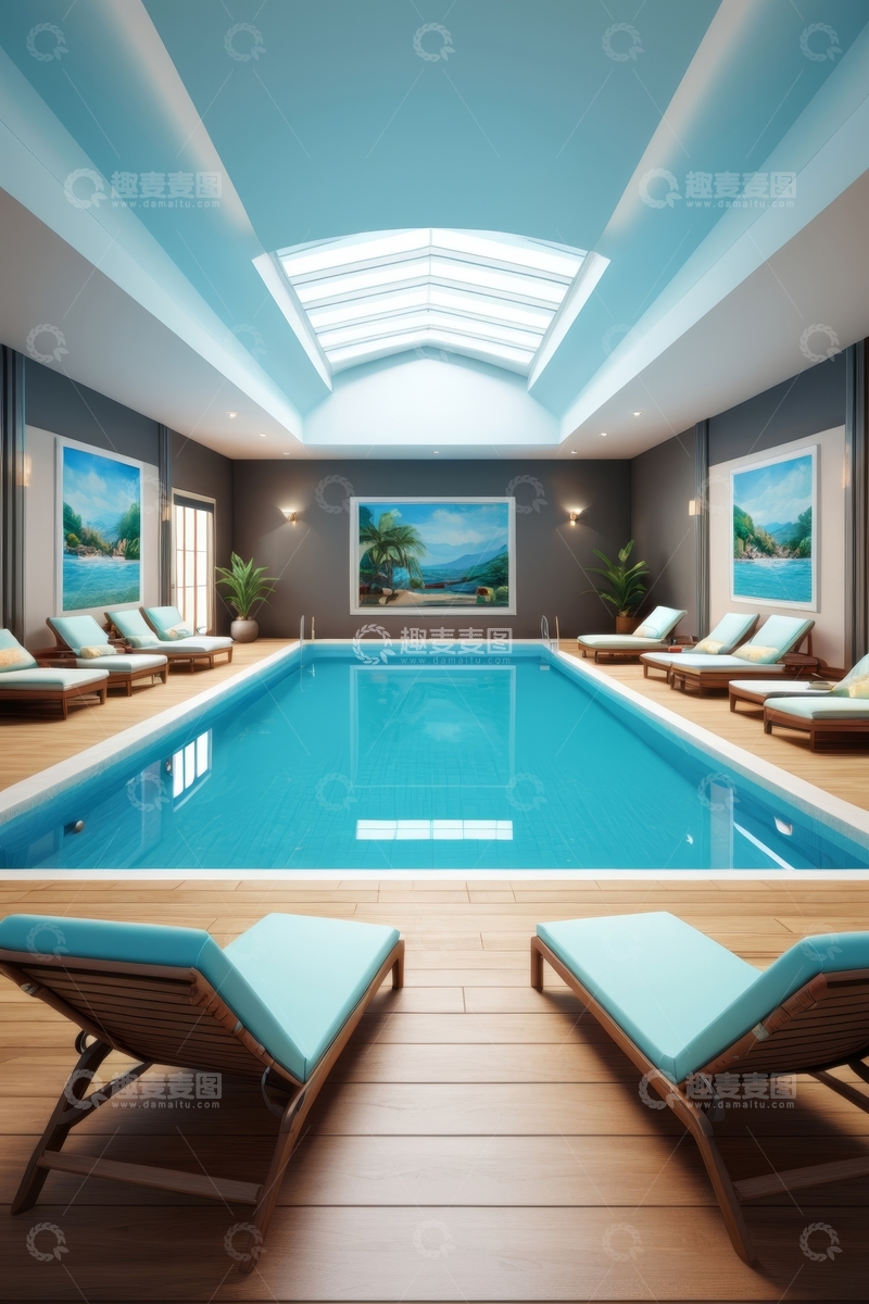 源文件下载【趣麦麦图】室内游泳池与躺椅休闲场景
