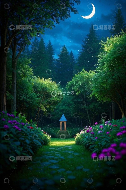 月夜下的森林小径与小亭