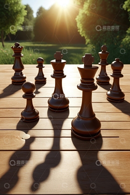 户外木桌上的国际象棋棋子