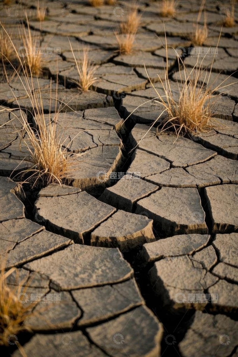 高清大图下载【趣麦麦图】干裂土地与稀疏野草景象