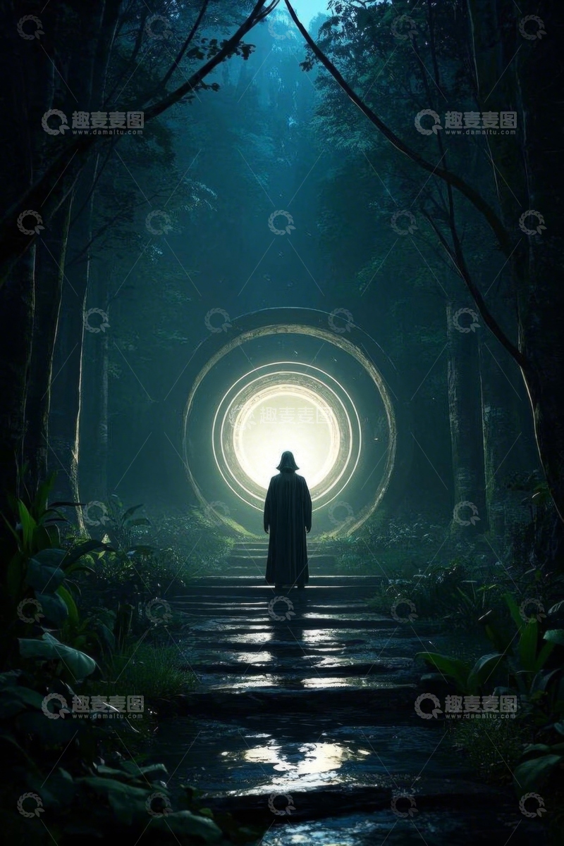 高清大图下载【趣麦麦图】神秘人于森林中望向发光圆环
