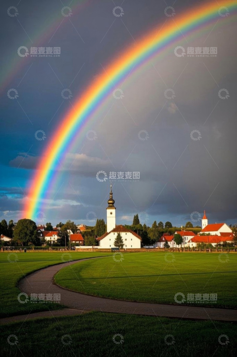 高清大图下载【趣麦麦图】-乡村田野上的双彩虹景观