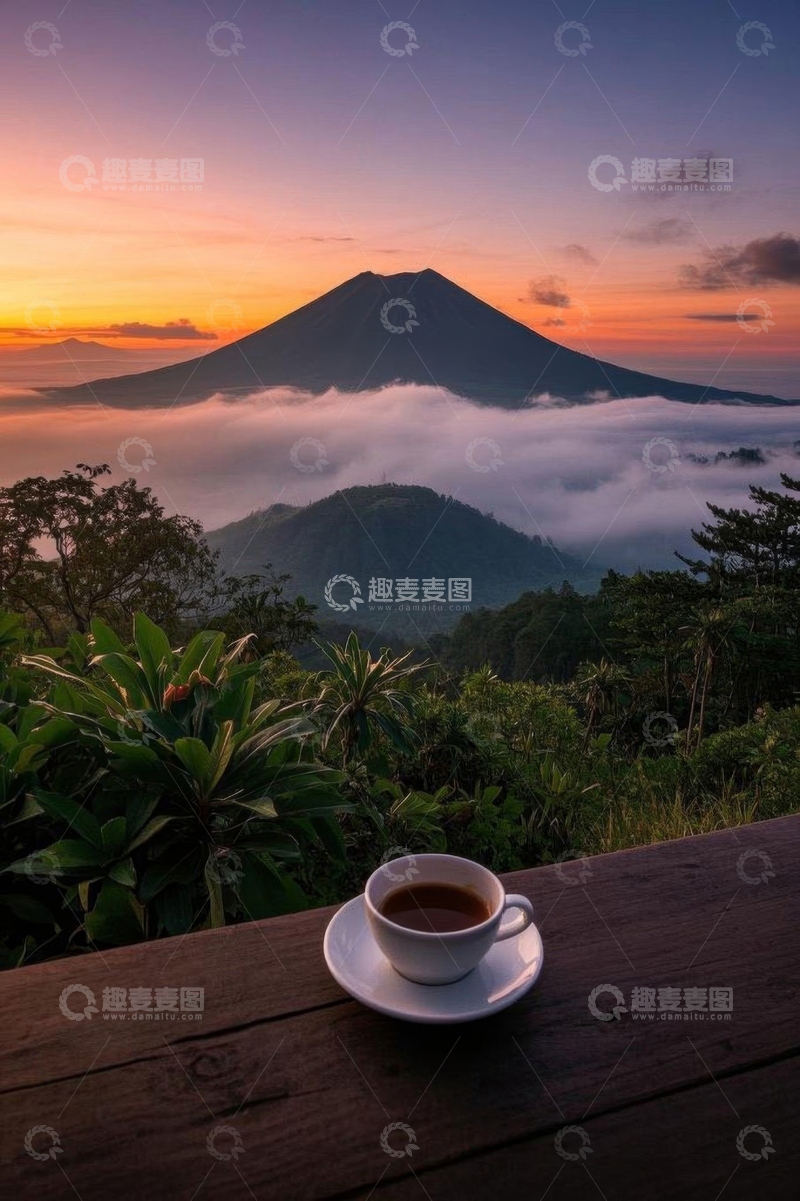 高清大图下载【趣麦麦图】木桌咖啡与远山云海景观