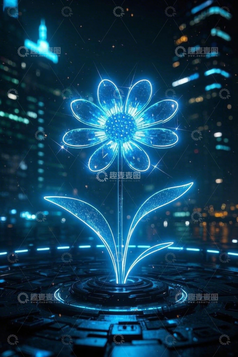 高清大图下载【趣麦麦图】城市夜景中的发光科技花朵