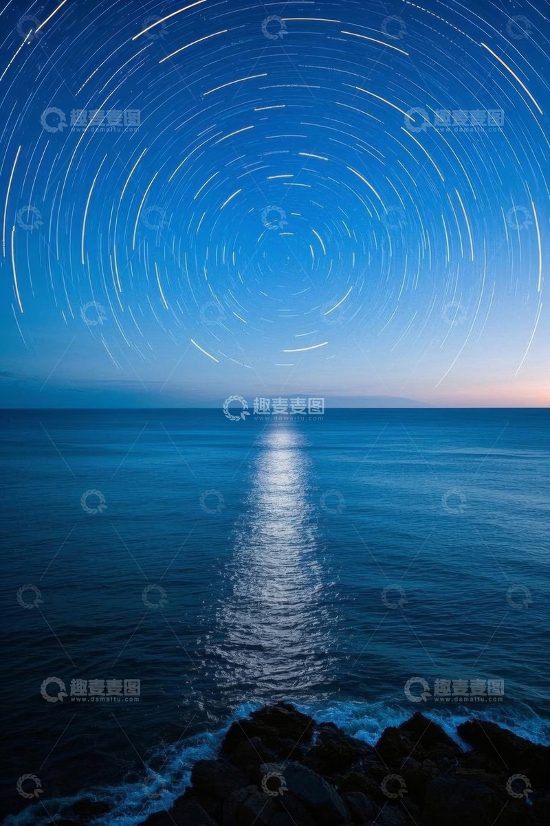 高清大图下载【趣麦麦图】海上星轨夜空风景