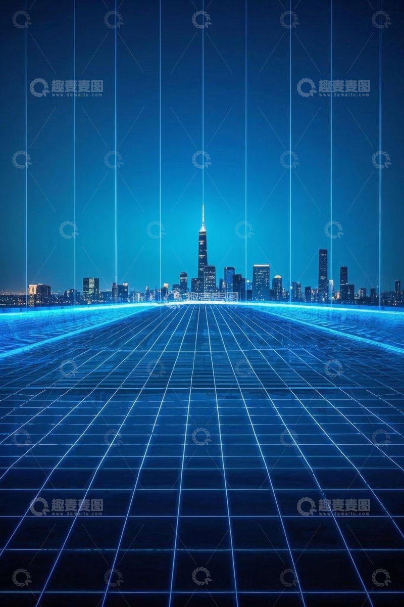 高清大图下载【趣麦麦图】蓝色科技感城市天际线背景