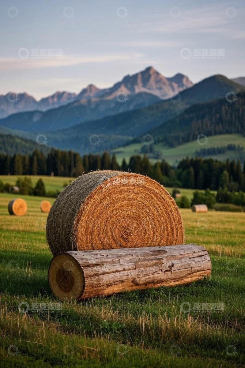 高清大图下载【趣麦麦图】山野间草地上的干草捆与原木