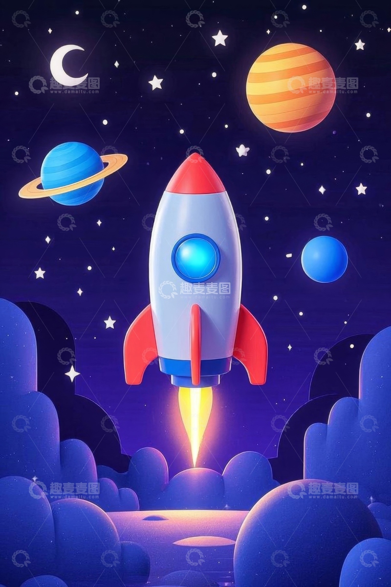 高清大图下载【趣麦麦图】卡通火箭升空宇宙场景