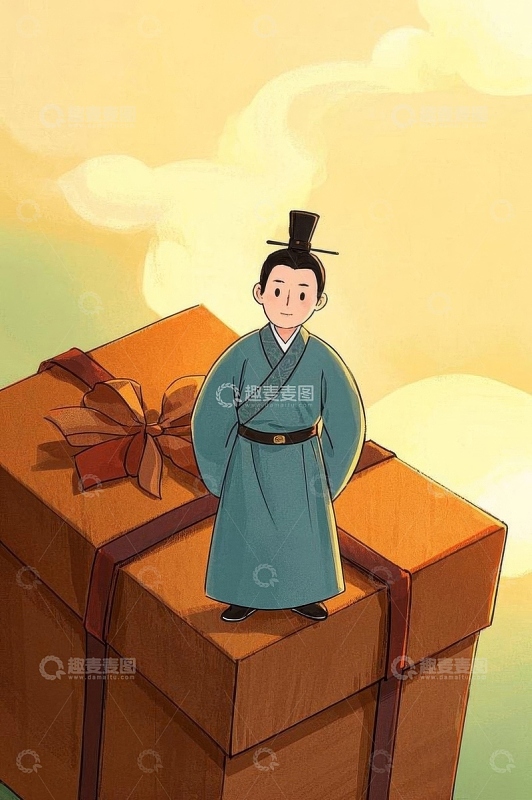 古装人物站立于礼品盒上
