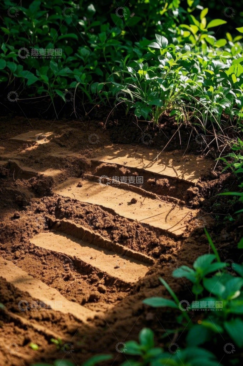 高清大图下载【趣麦麦图】泥土上的植物与车轮痕迹