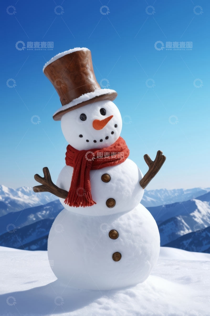 源文件下载【趣麦麦图】雪山背景下戴帽围巾的雪人