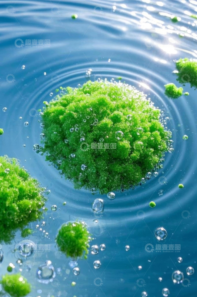 高清大图下载【趣麦麦图】水面上漂浮的绿色植物与气泡