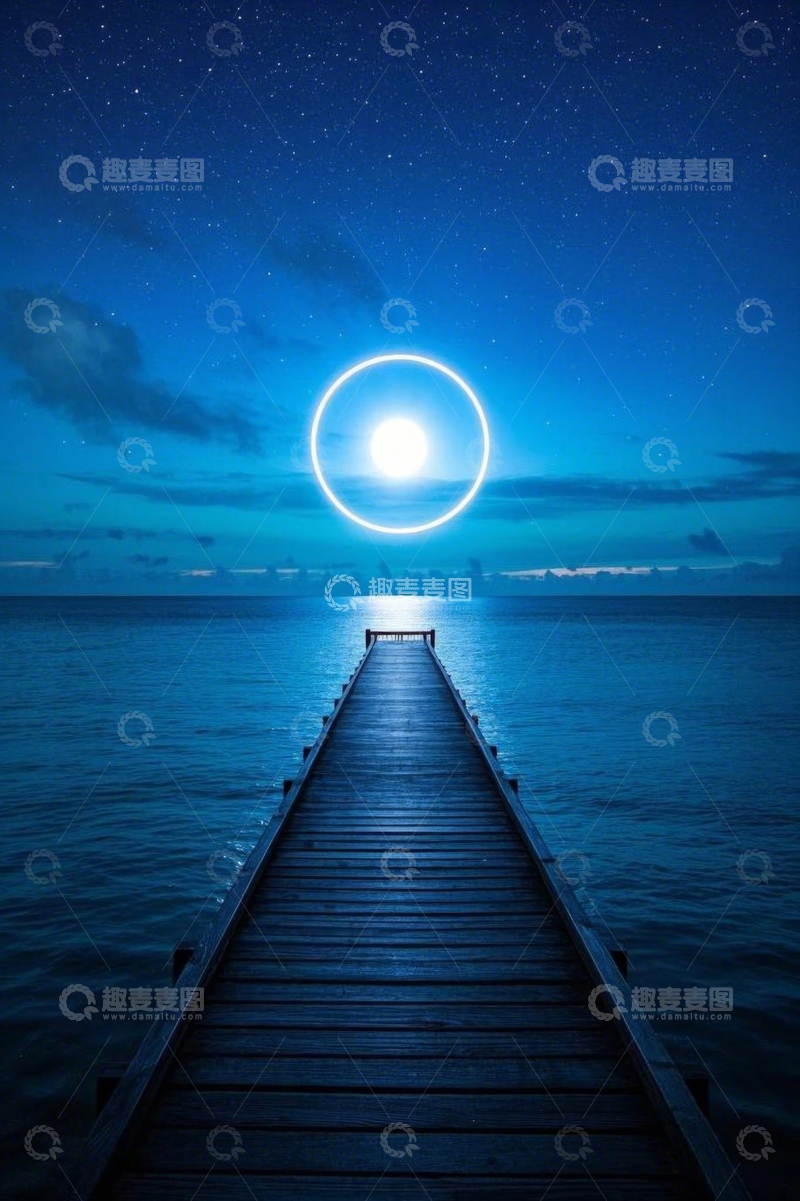 高清大图下载【趣麦麦图】月夜下海上木栈道风景