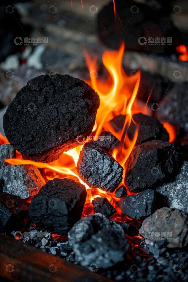 高清大图下载【趣麦麦图】燃烧中的炭火与火焰特写