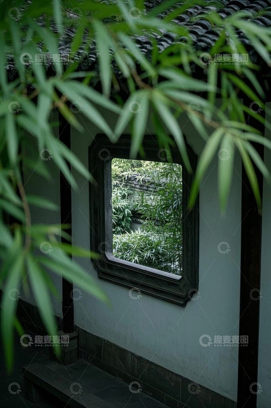 中式庭院窗景与翠竹