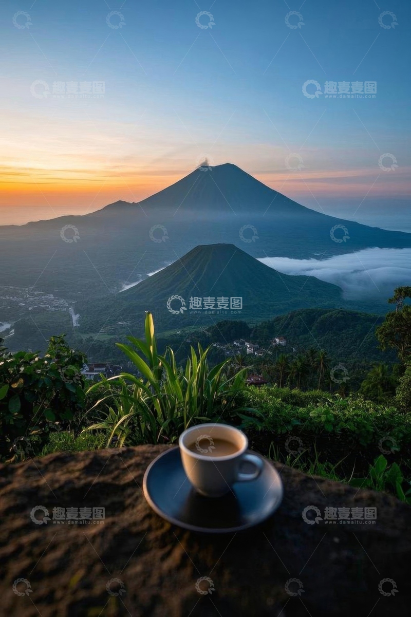 高清大图下载【趣麦麦图】山景前岩石上的咖啡杯