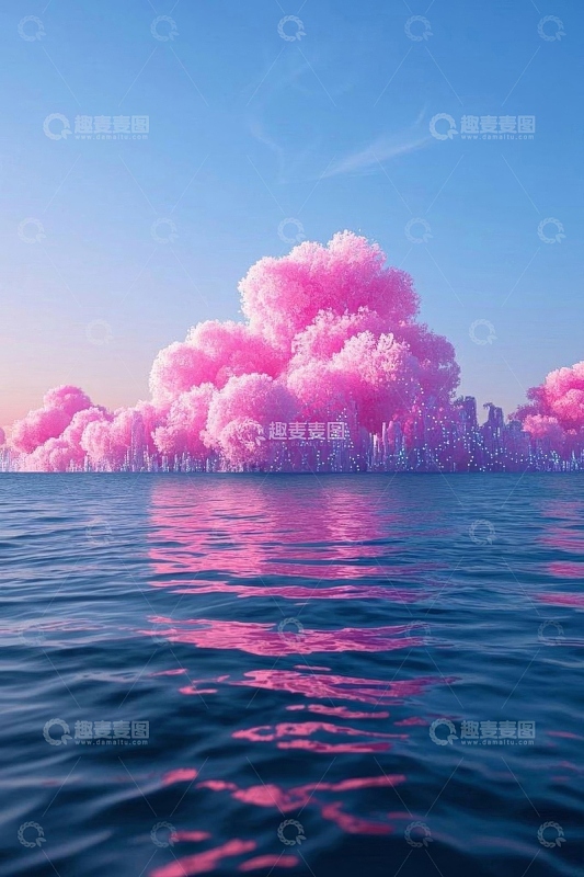 海上粉色云朵倒影风景