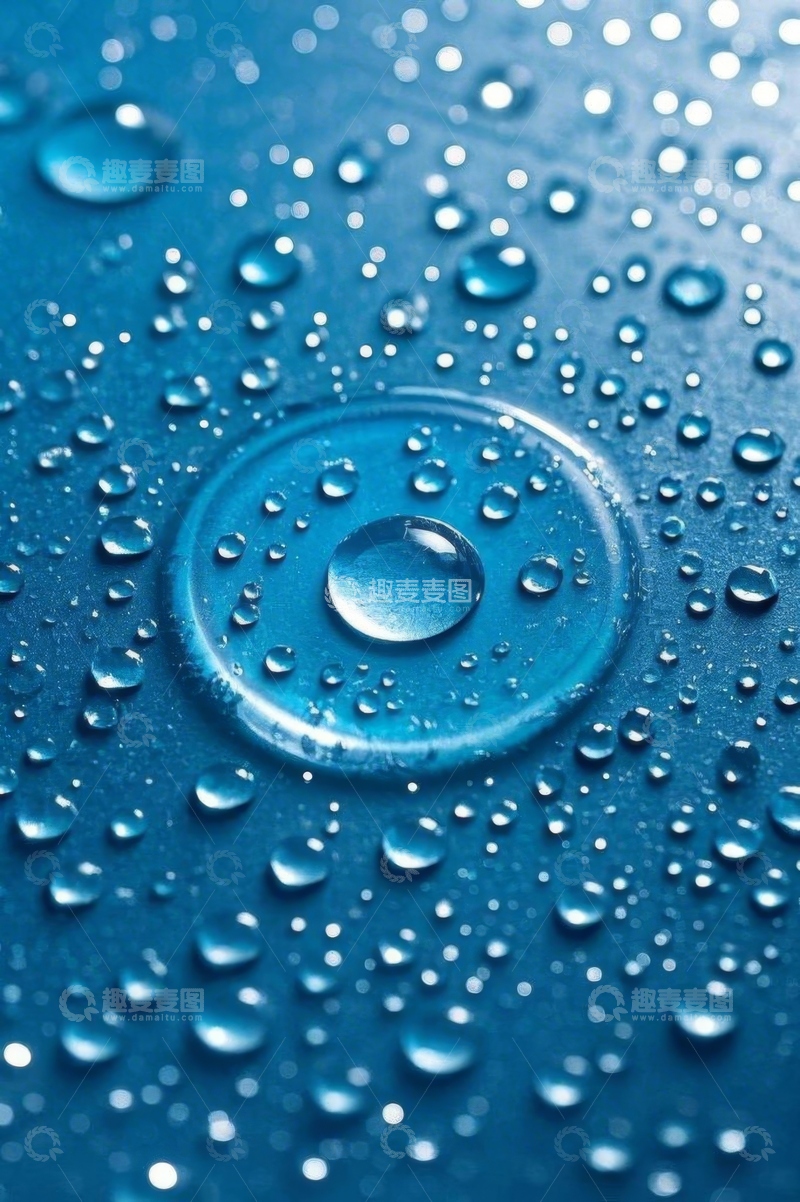高清大图下载【趣麦麦图】蓝色背景上的水珠特写