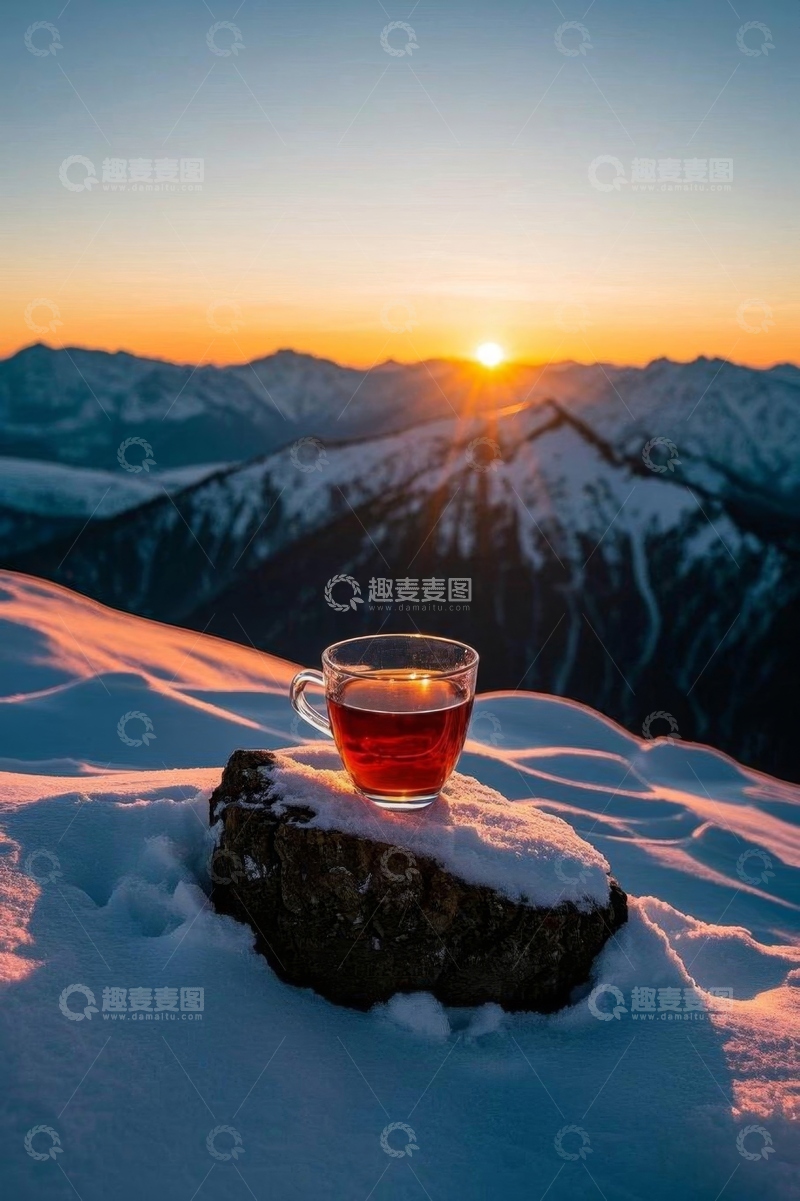 高清大图下载【趣麦麦图】雪山日出下石上的一杯热茶