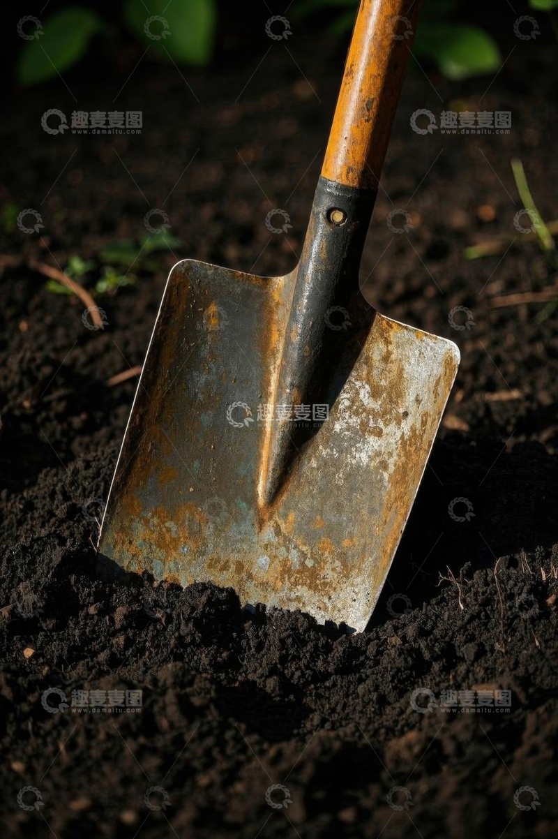 高清大图下载【趣麦麦图】泥土中的生锈铁锹