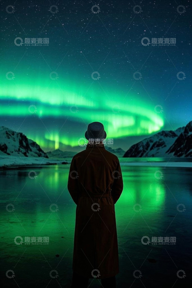 高清大图下载【趣麦麦图】男子观赏北极极光景象