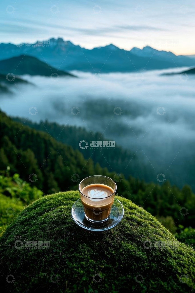 高清大图下载【趣麦麦图】山间青苔上的咖啡饮品