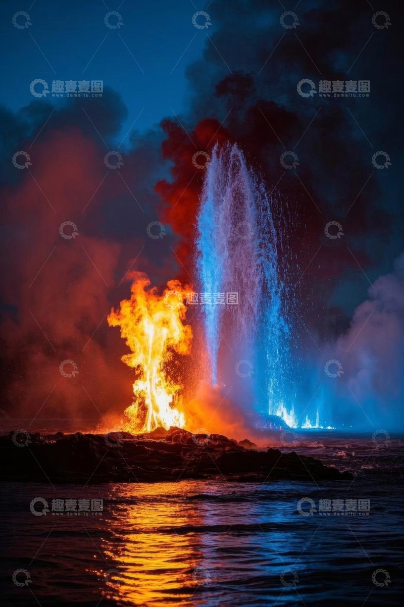 高清大图下载【趣麦麦图】火山喷发于海洋之上的景象