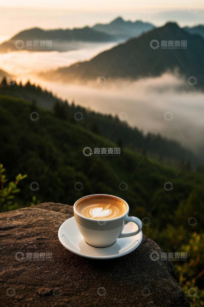 高清大图下载【趣麦麦图】山顶岩石上的咖啡与山景