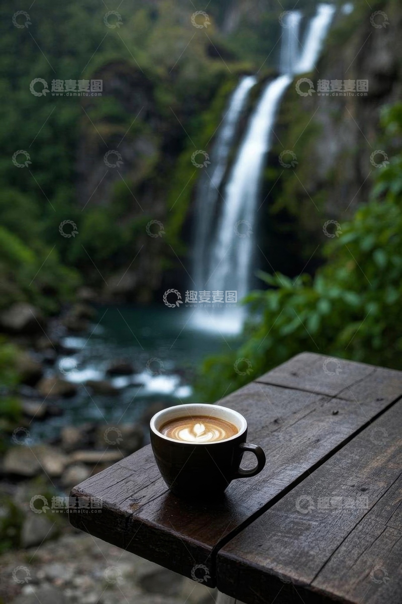 高清大图下载【趣麦麦图】户外木桌上的咖啡与瀑布景致