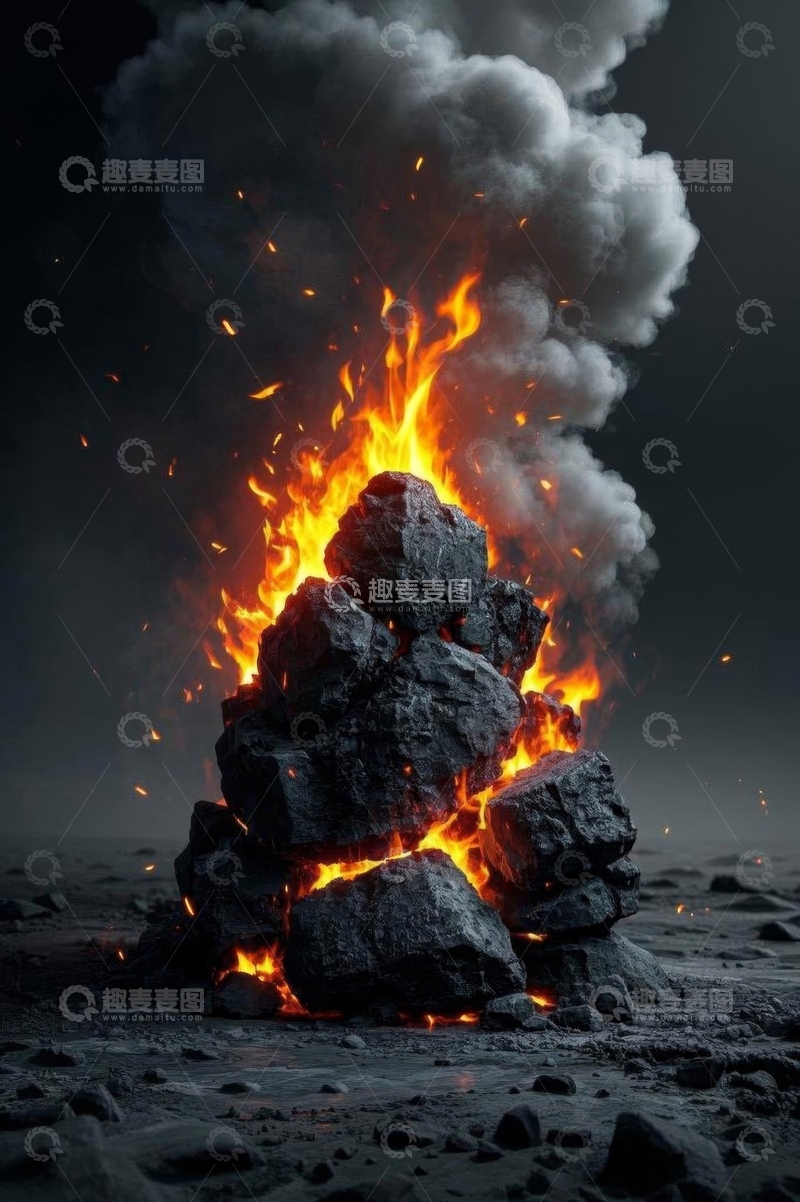 高清大图下载【趣麦麦图】燃烧的煤堆火焰与浓烟场景