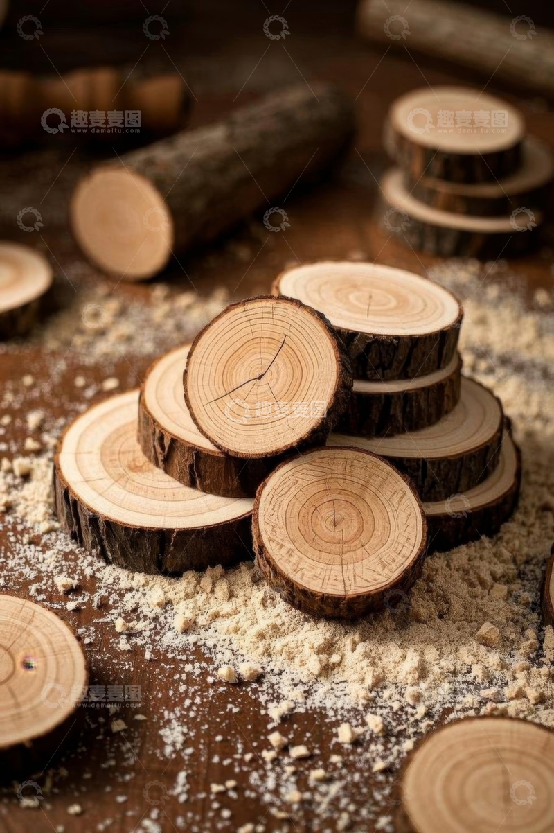 高清大图下载【趣麦麦图】堆叠的原木切片与锯末素材
