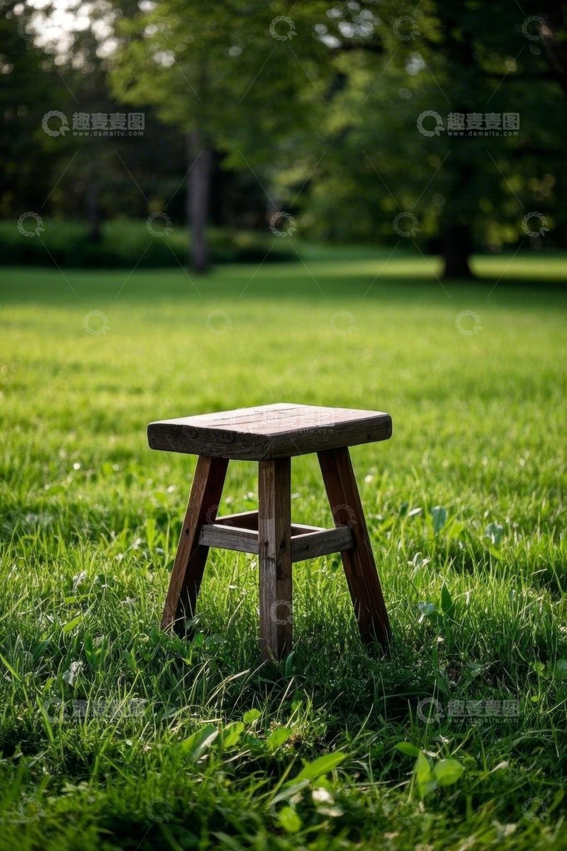 高清大图下载【趣麦麦图】草地上的木质小凳子