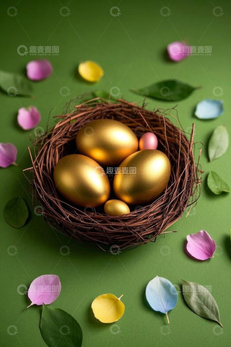 高清大图下载【趣麦麦图】绿背景鸟巢中的金色装饰鸡蛋