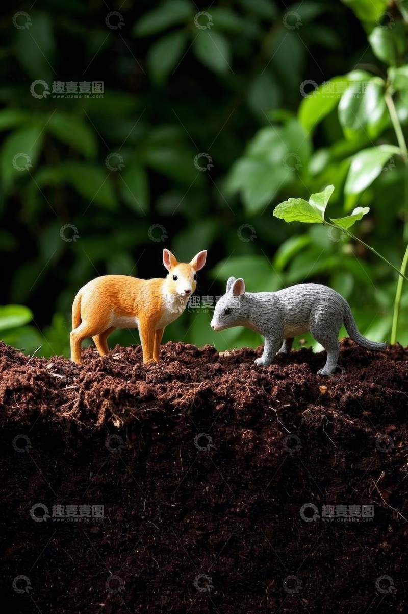 高清大图下载【趣麦麦图】泥土上的动物模型与绿植