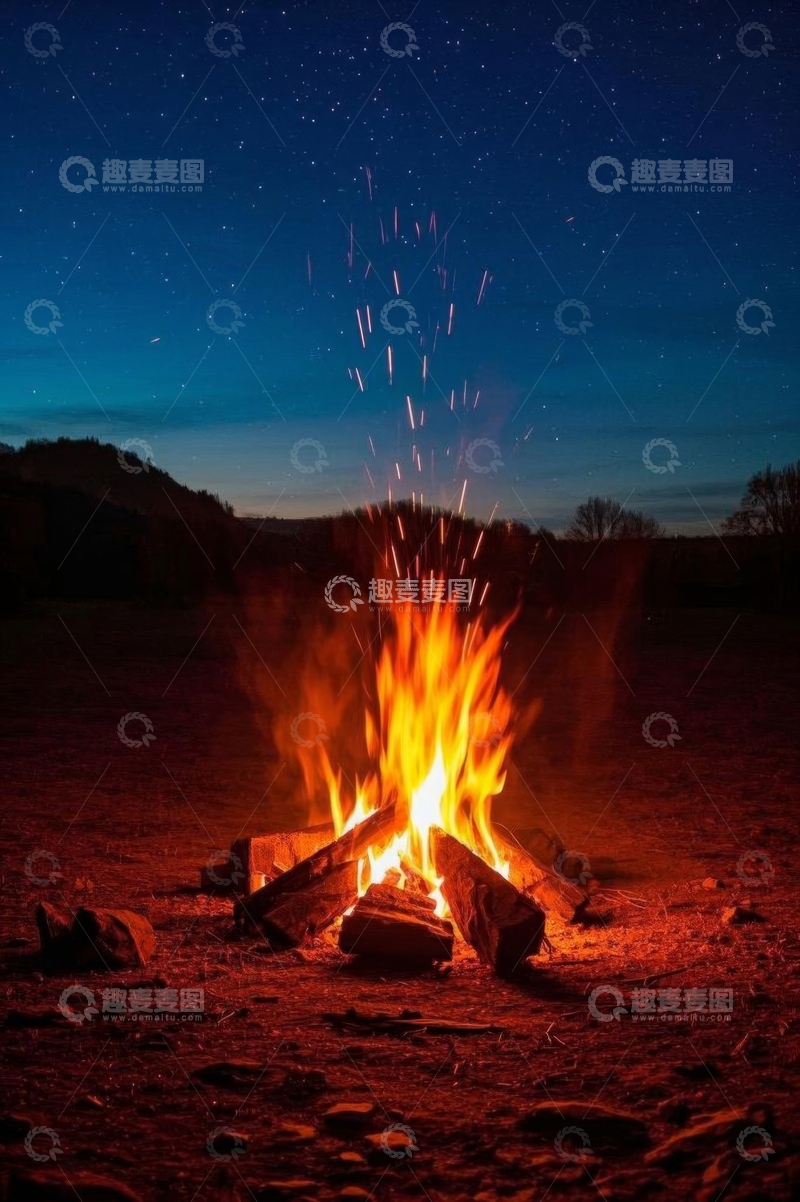 高清大图下载【趣麦麦图】户外星空下的篝火场景
