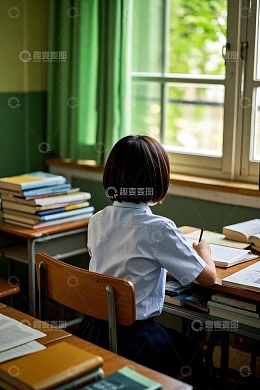 女学生教室窗边伏案学习