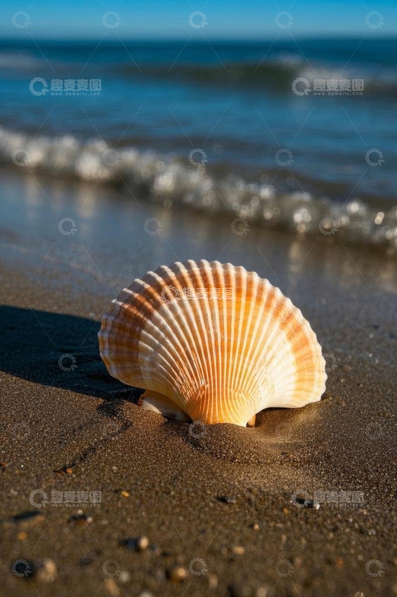 高清大图下载【趣麦麦图】海滩上的贝壳与海浪景象