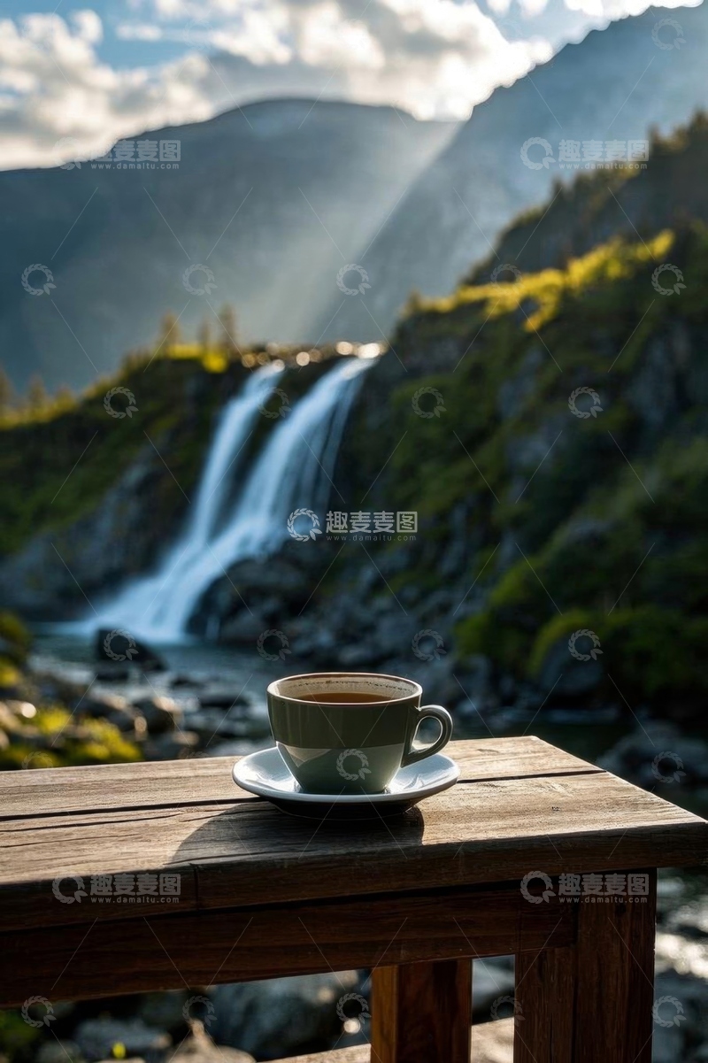 高清大图下载【趣麦麦图】山间瀑布旁木桌上的咖啡杯