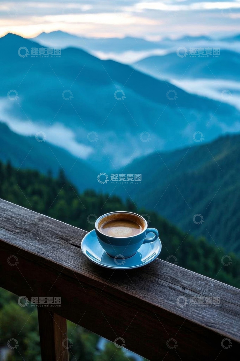 高清大图下载【趣麦麦图】山间木栏杆上的咖啡杯